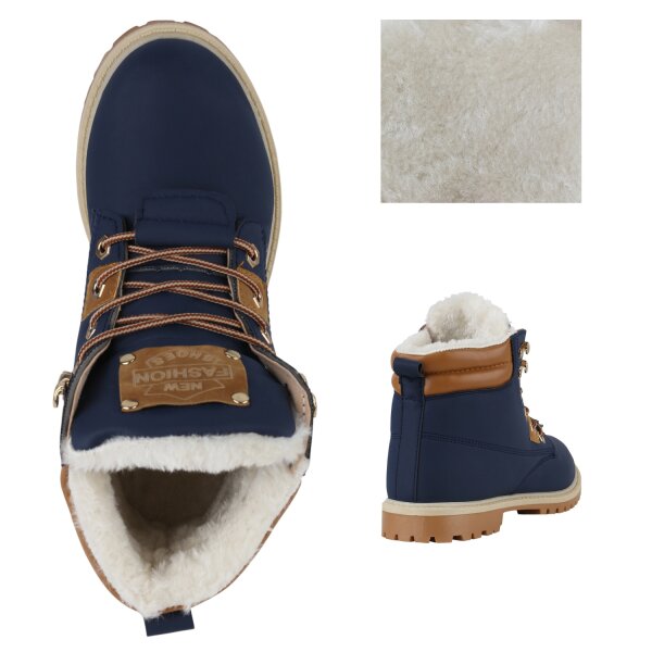 Stiefelparadies Damen Worker Boots In Dunkelblau Hellbraun