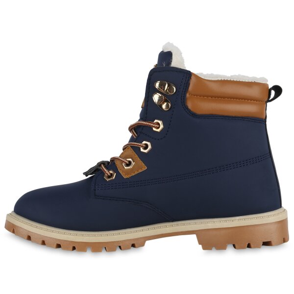 Stiefelparadies Damen Worker Boots in Dunkelblau Hellbraun