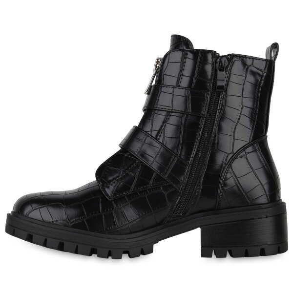 Stiefelparadies Damen Biker Boots in Schwarz Kroko
