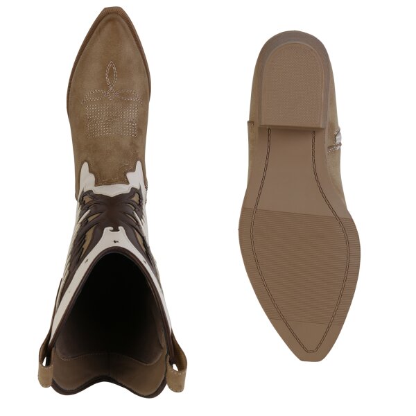 Stiefelparadies Damen Cowboystiefel In Khaki Beige