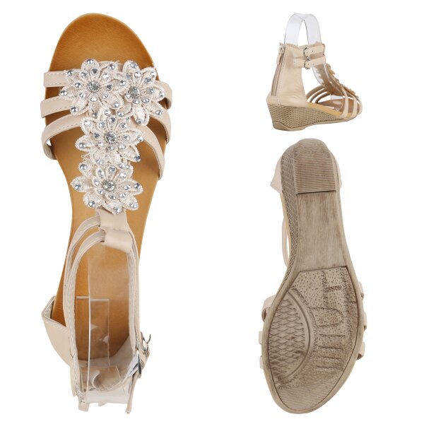 Stiefelparadies Damen Keilsandaletten In Creme