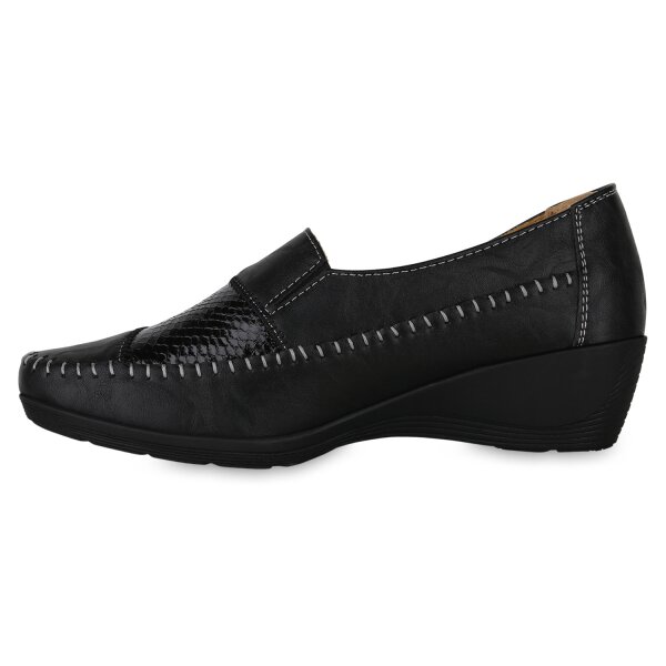 Stiefelparadies Damen Keilslippers in Schwarz Lack