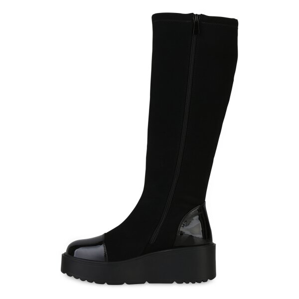 Stiefelparadies Damen Keilstiefel in Schwarz Lack
