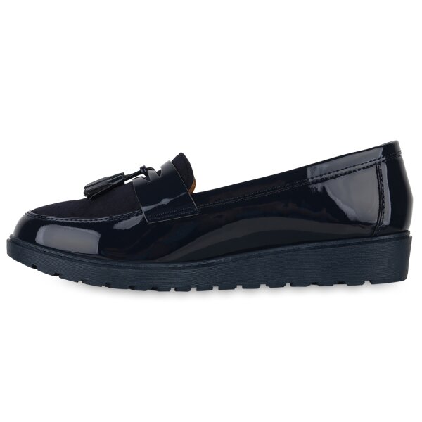 Stiefelparadies Damen Loafers in Dunkelblau Lack