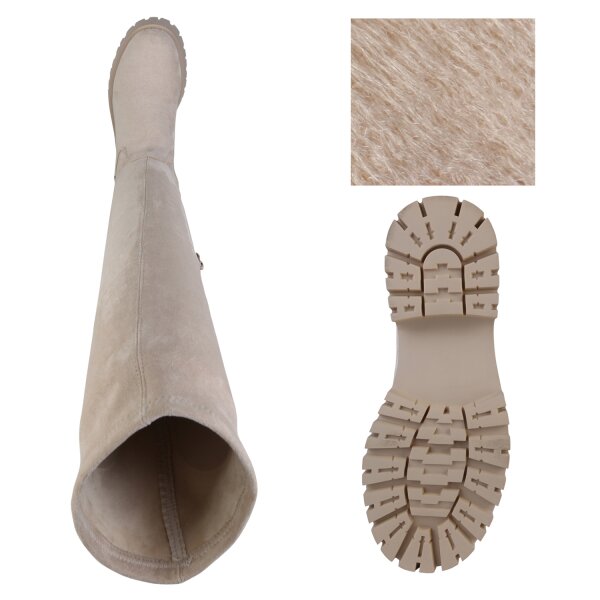 Stiefelparadies Damen Overknees In Beige Velours