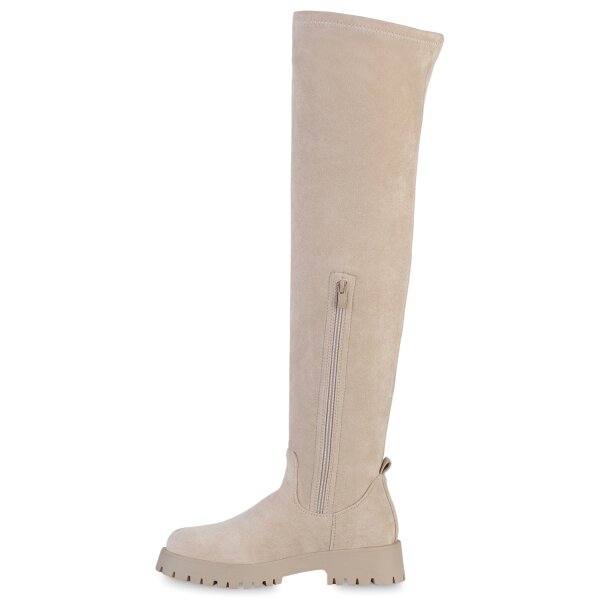 Stiefelparadies Damen Overknees in Beige Velours