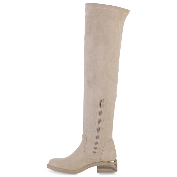 Stiefelparadies Damen Overknees in Beige Velours