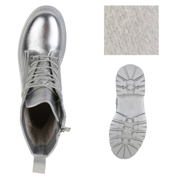 Stiefelparadies Damen Plateau Boots In Silber