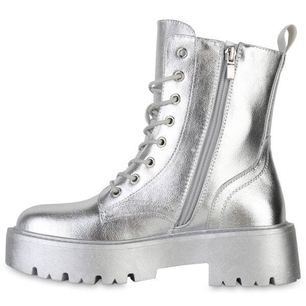 Stiefelparadies Damen Plateau Boots in Silber