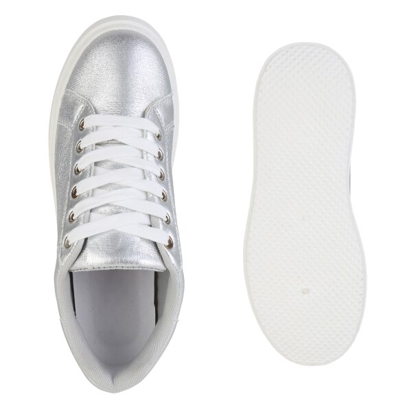 Stiefelparadies Damen Plateau Sneaker In Silber