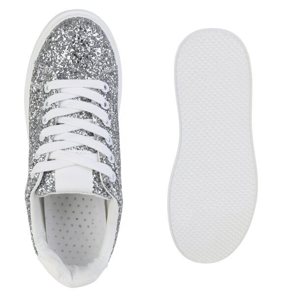 Stiefelparadies Damen Plateau Sneaker In Silber