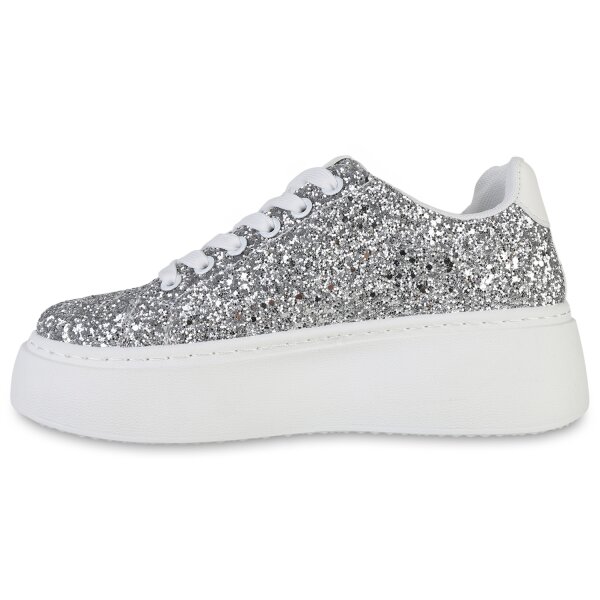 Stiefelparadies Damen Plateau Sneaker in Silber