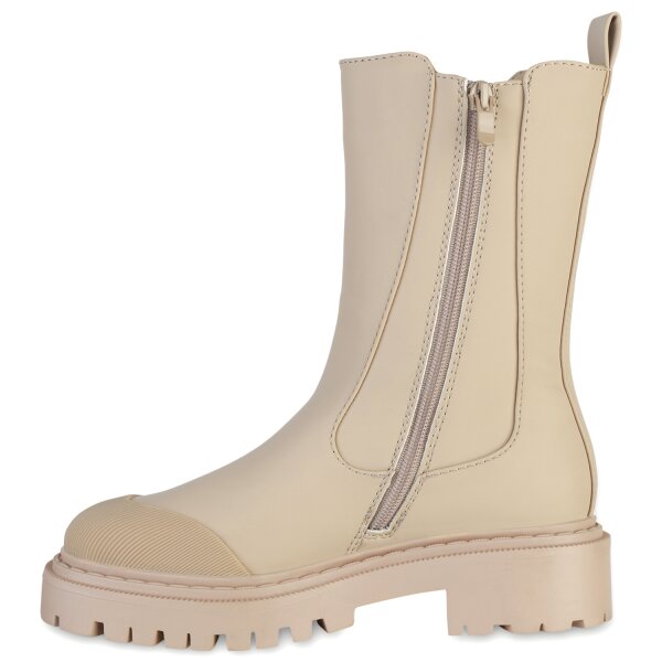 Stiefelparadies Damen Plateaustiefel in Beige