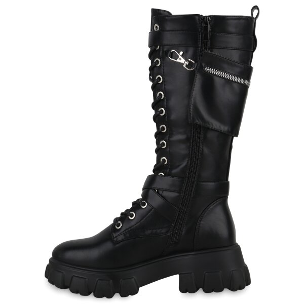 Stiefelparadies Damen Plateaustiefel in Schwarz