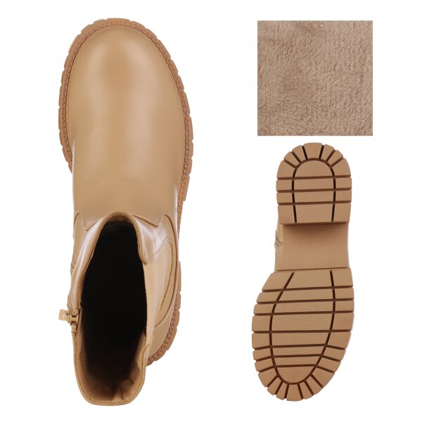 Stiefelparadies Damen Plateaustiefel In Tan