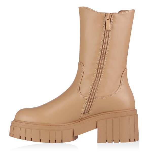 Stiefelparadies Damen Plateaustiefel in Tan