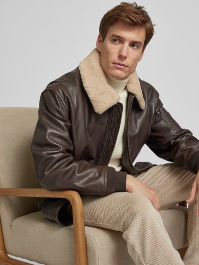 Peek & Cloppenburg BOSS OrangeStraight Fit Lederjacke Mit Abnehmbarem Lammfellkragen Modell 'JOBARK' In Dunkelbraun