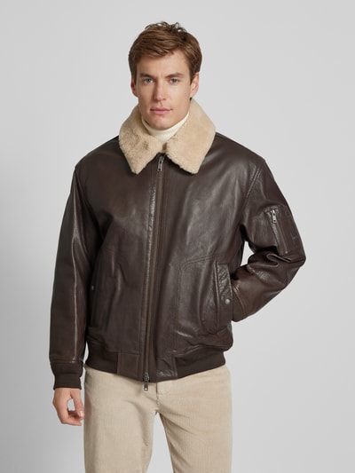 Peek & Cloppenburg BOSS OrangeStraight Fit Lederjacke Mit Abnehmbarem Lammfellkragen Modell 'JOBARK' In Dunkelbraun