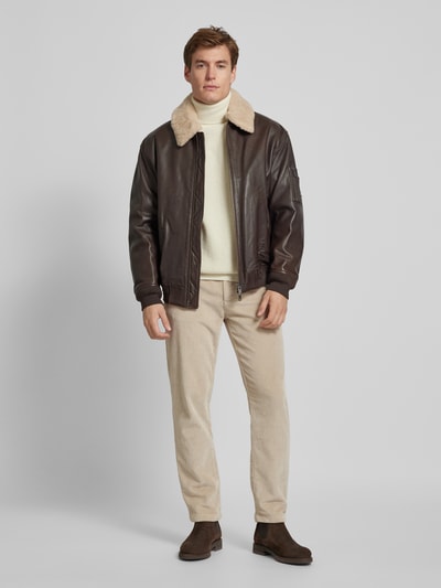Peek & Cloppenburg BOSS OrangeStraight Fit Lederjacke mit abnehmbarem Lammfellkragen Modell 'JOBARK' in dunkelbraun