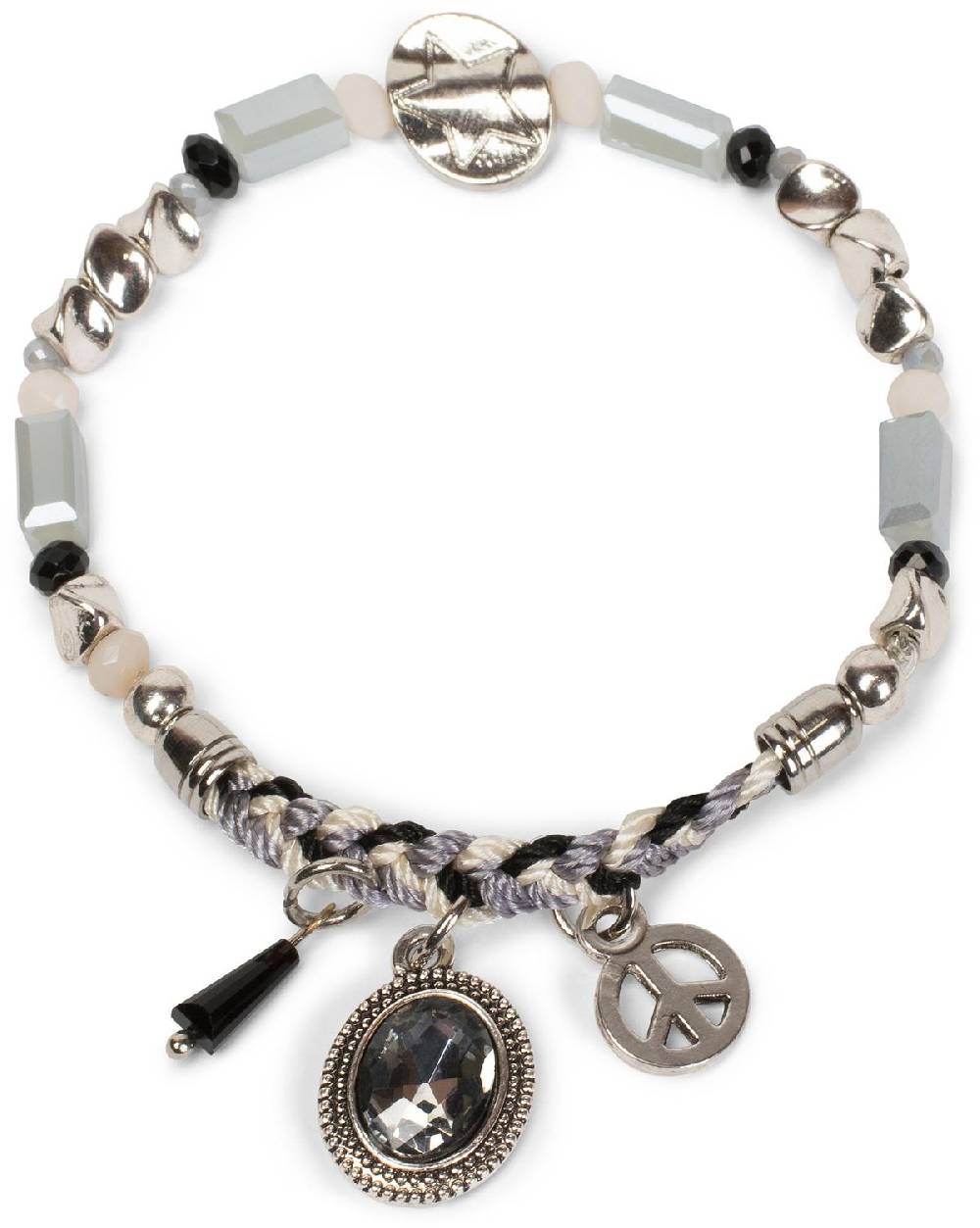 Stylebreaker Armband mit verschiedenen Perlen, Schmuckstein und Flechtteil