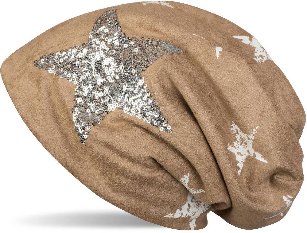 Stylebreaker Beanie in Veloursleder Optik mit Pailletten Stern