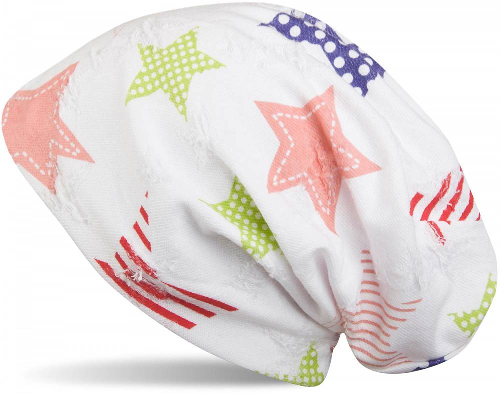 Stylebreaker Beanie Mütze mit bunten Sternen in Destroyed Optik