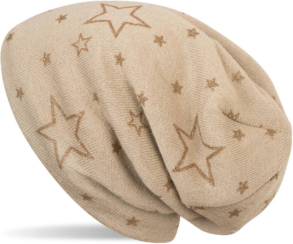 Stylebreaker Feinstrick Beanie mit Glitzer Stern Print