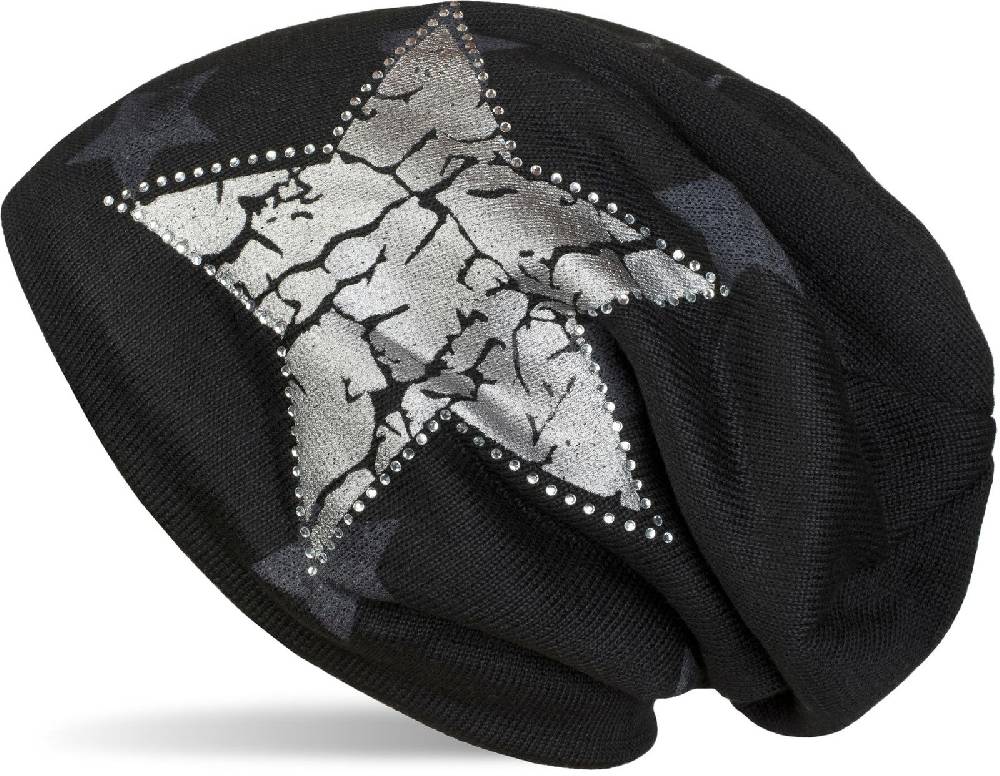 Stylebreaker Feinstrick Beanie mit Sternen und Strass