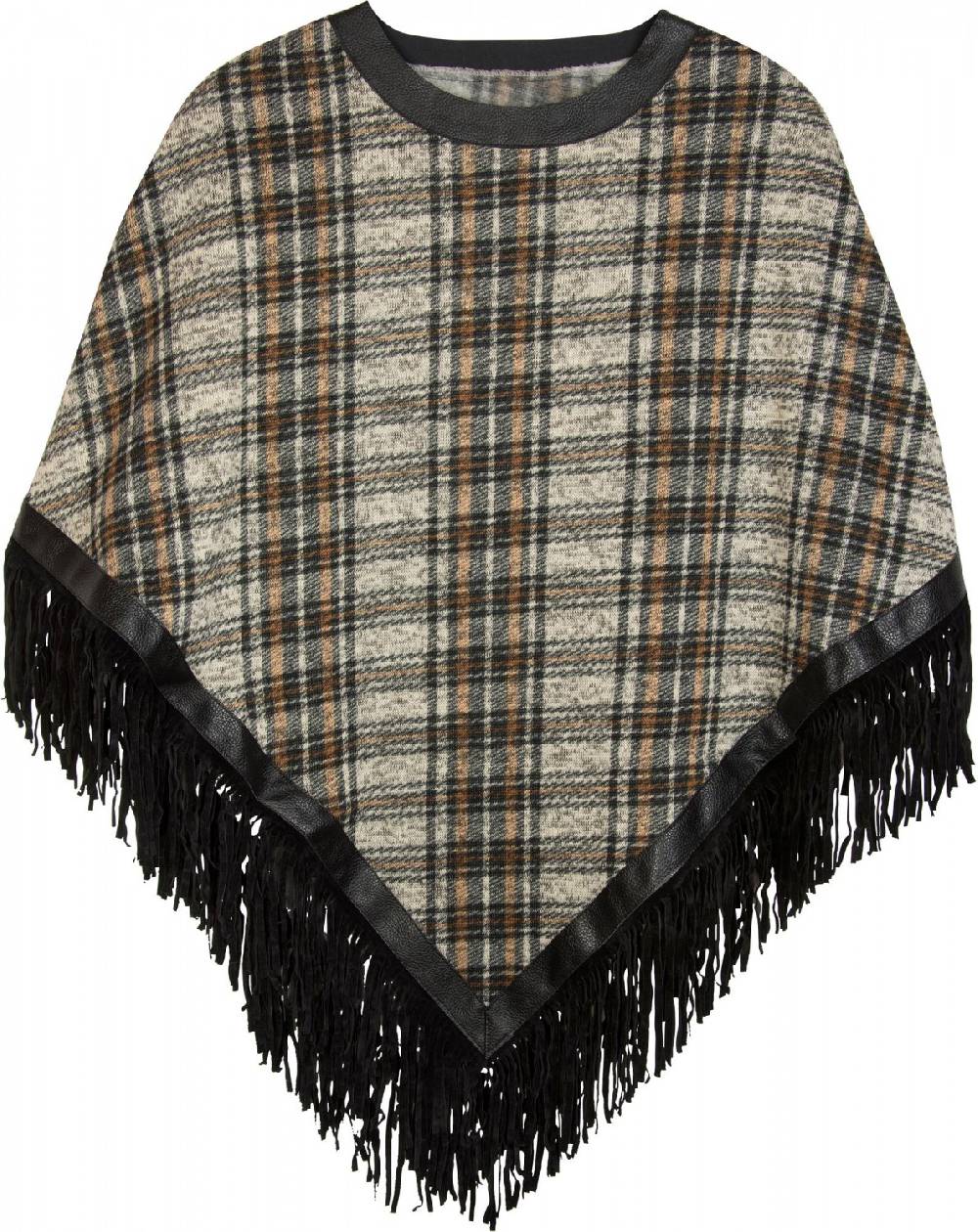 Stylebreaker Feinstrick Poncho mit Karo Muster & Fransen