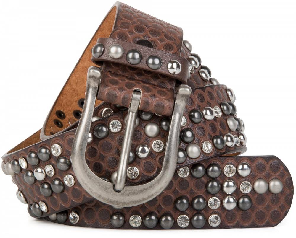 Stylebreaker Gürtel mit Kringel Prägung, Strass & Kugelnieten
