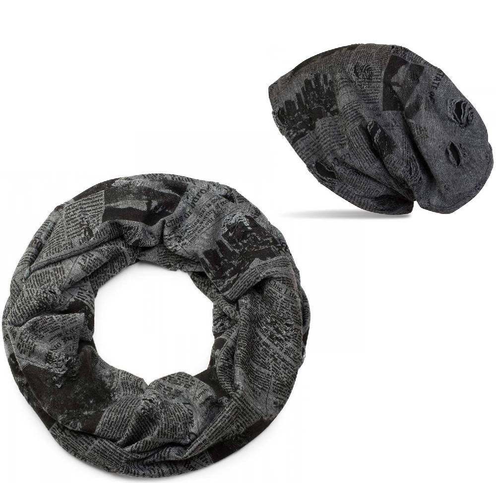 Stylebreaker Loop und Beanie Set Newspaper Print Used Look