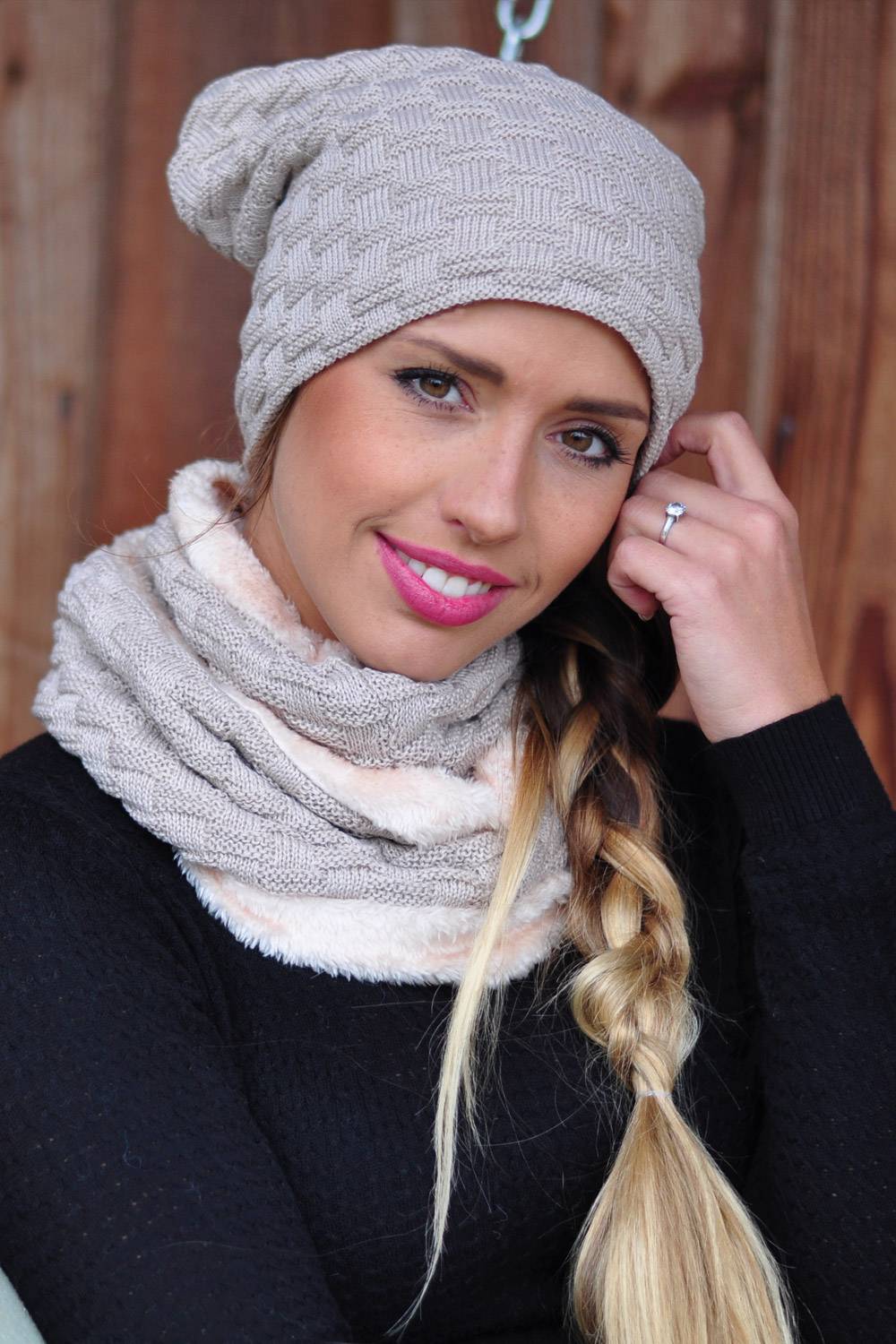 Stylebreaker Strick Schal Und Beanie Mütze Set Mit Flecht Muster Und Fleece