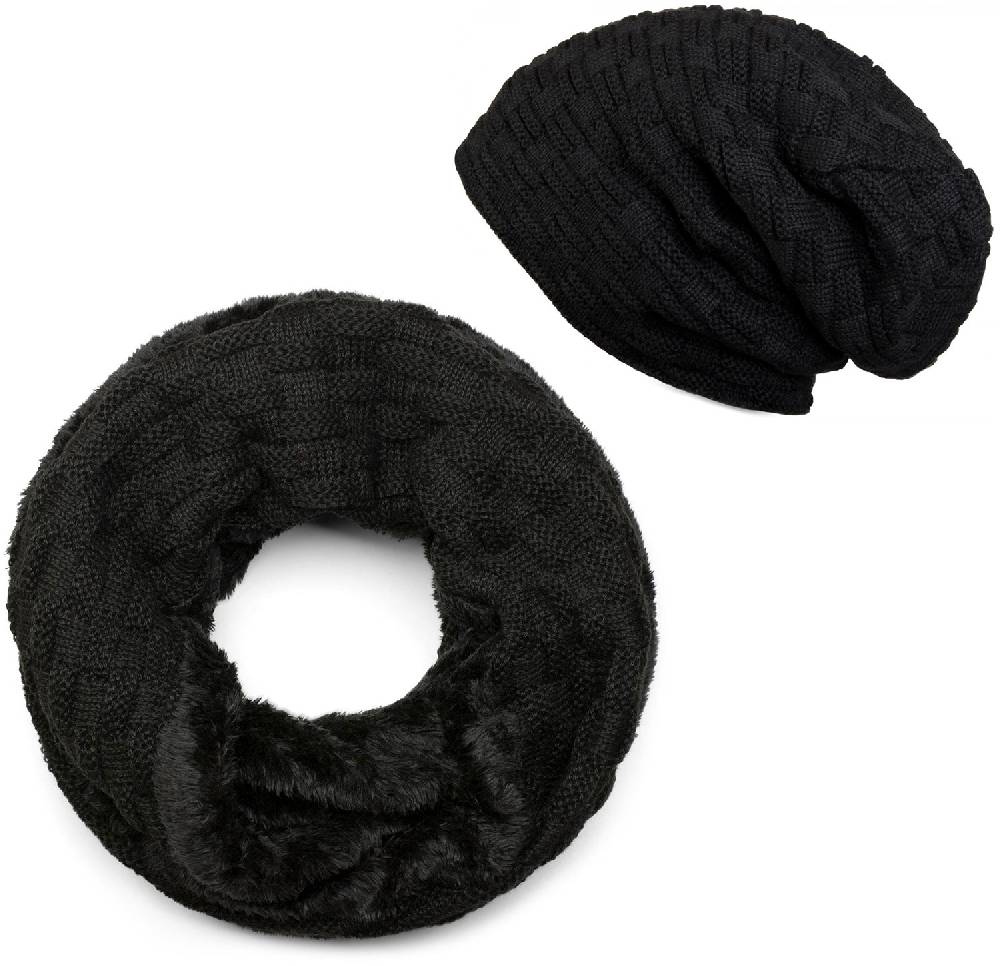 Stylebreaker Strick Schal und Beanie Mütze Set mit Flecht Muster und Fleece
