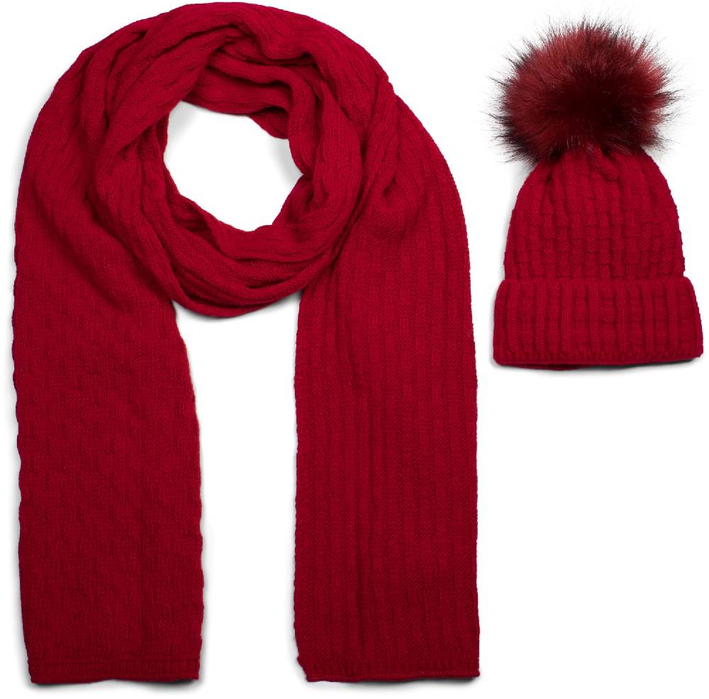 Stylebreaker Strick Schal und Bommelmütze Set mit Flecht Muster