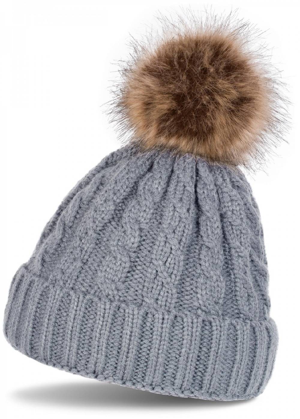 Stylebreaker Strickmütze mit Zopfmuster & Kunstfellbommel