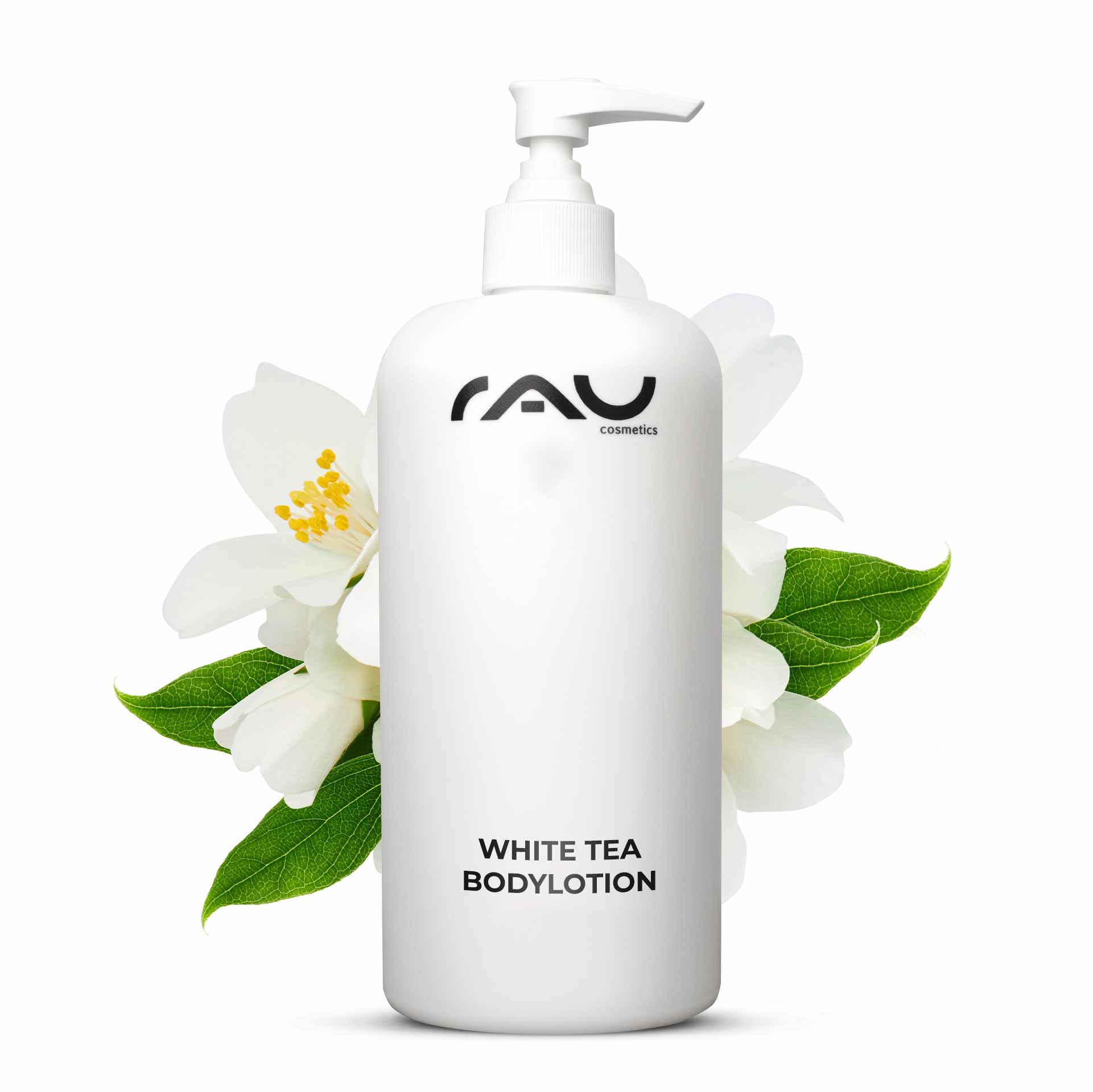 Rau Cosmetics White Tea Bodylotion für trockene Haut 500 ml mit Hyaluron Weißer Tee Urea