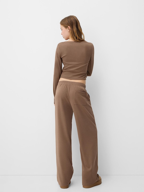 Bershka Bershka Wide Leg Hose In Dunkelbeige