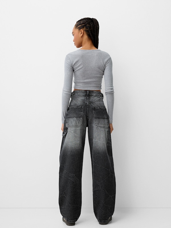 Bershka Bershka Wide Leg Jeans In Black Denim