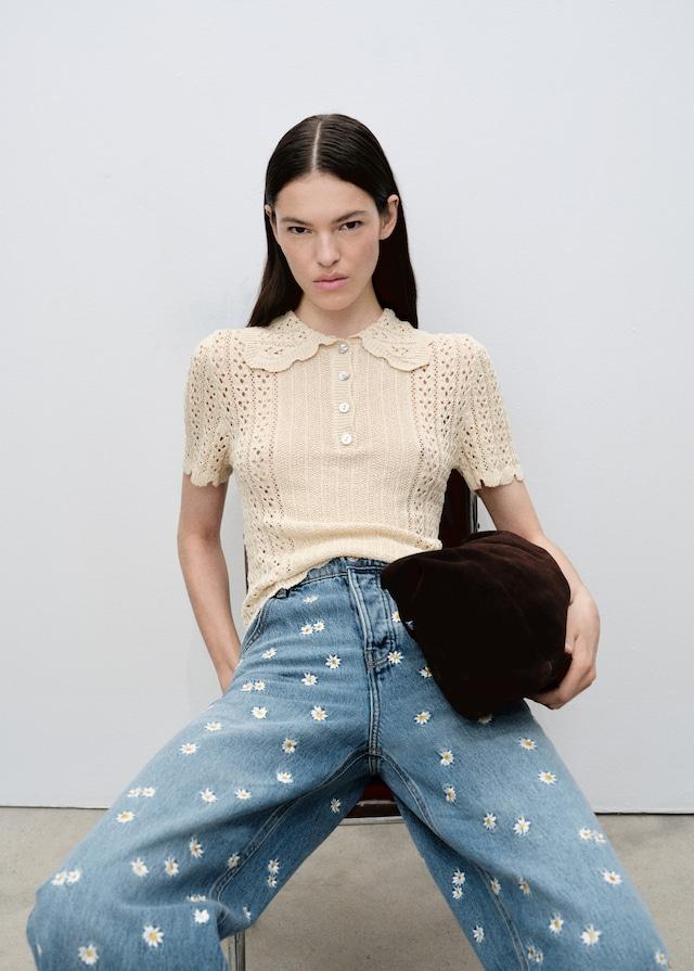 Mango Jeans Wideleg Mit Blumenstickerei