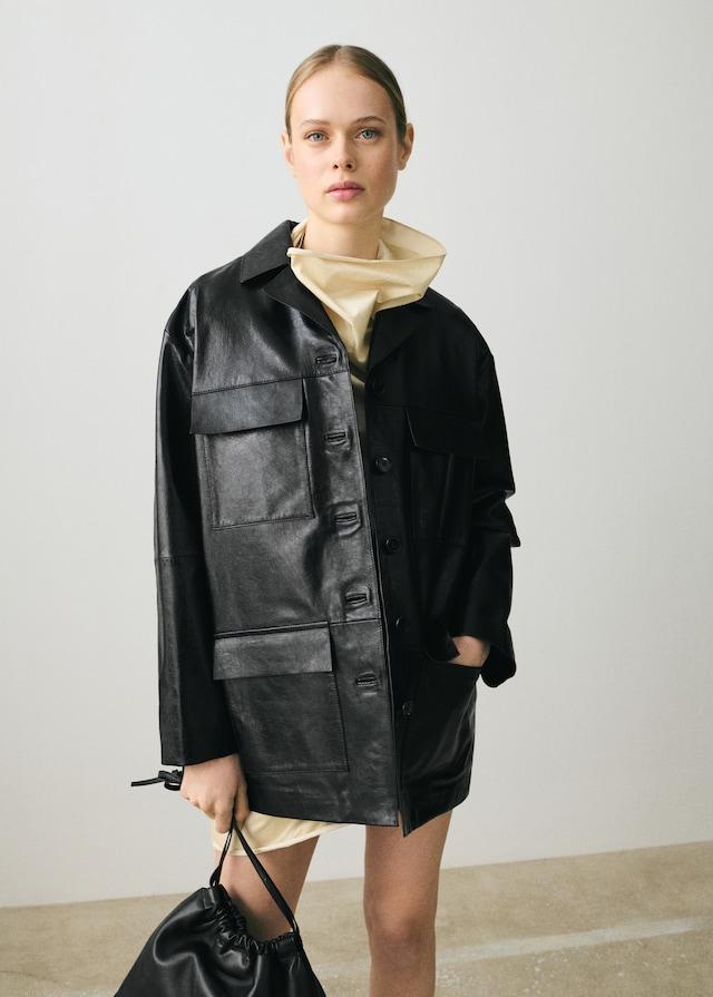 Mango Oversized-Lederjacke Mit Taschen