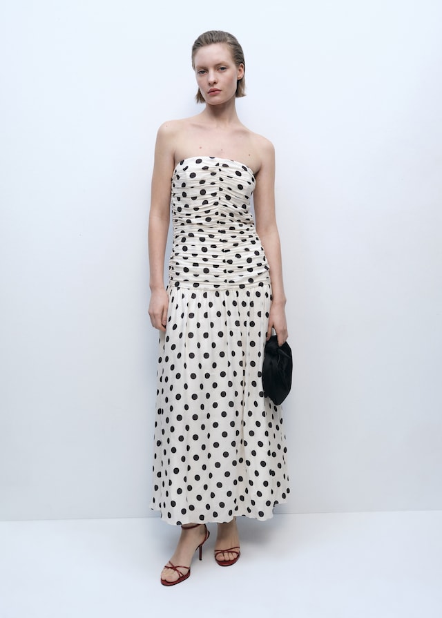 Mango Polka-Dots-Kleid Mit Drapiertem Oberteil