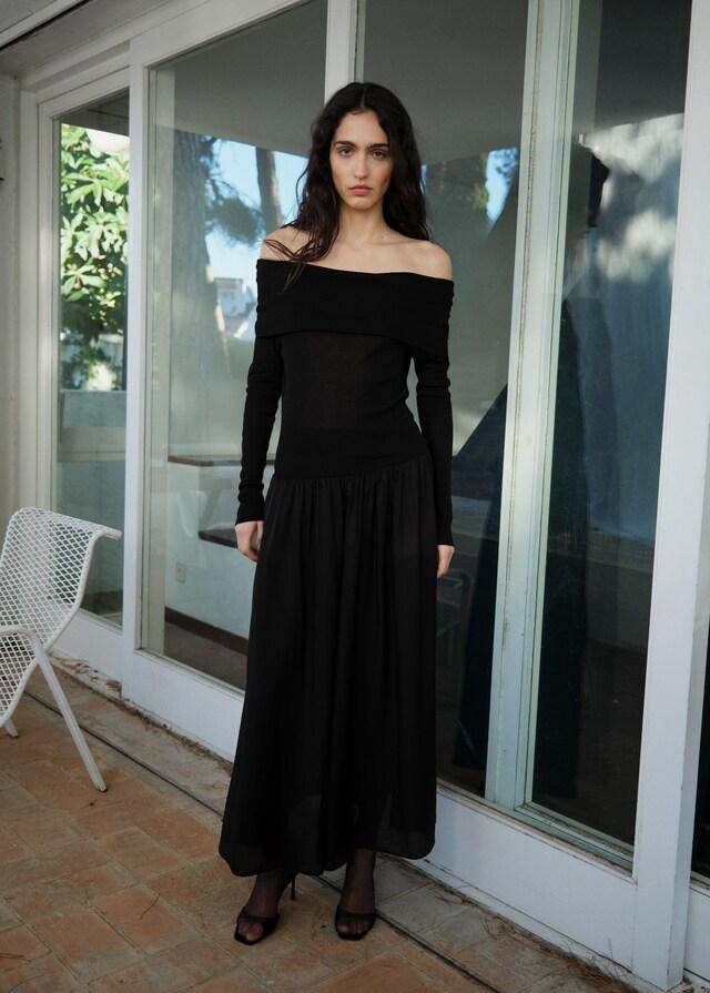 Mango Schulterfreies Kleid Aus Kombiniertem Stoff