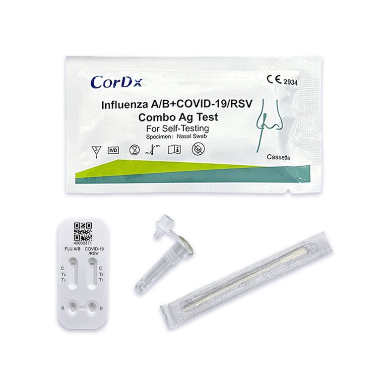 Shopapotheke 4 In 1 CorDx Kombi + Influenza A + B RSV Viren + Corona COVID-19 Schnelltest + BLT Desinfektionsgel
