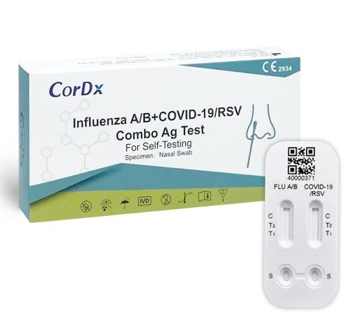 shopapotheke 4 in 1 CorDx Kombi + Influenza A + B RSV Viren + Corona COVID-19 Schnelltest + BLT Desinfektionsgel
