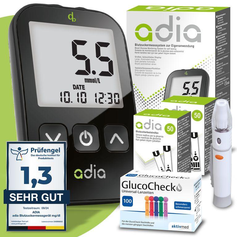 shopapotheke adia Blutzuckermessgerät (mmol/L) + 110 Blutzuckerteststreifen + 110 Lanzetten