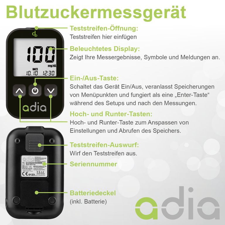 Shopapotheke Adia Blutzuckermessgeräte-Set (mg/dl) + 60 Teststreifen