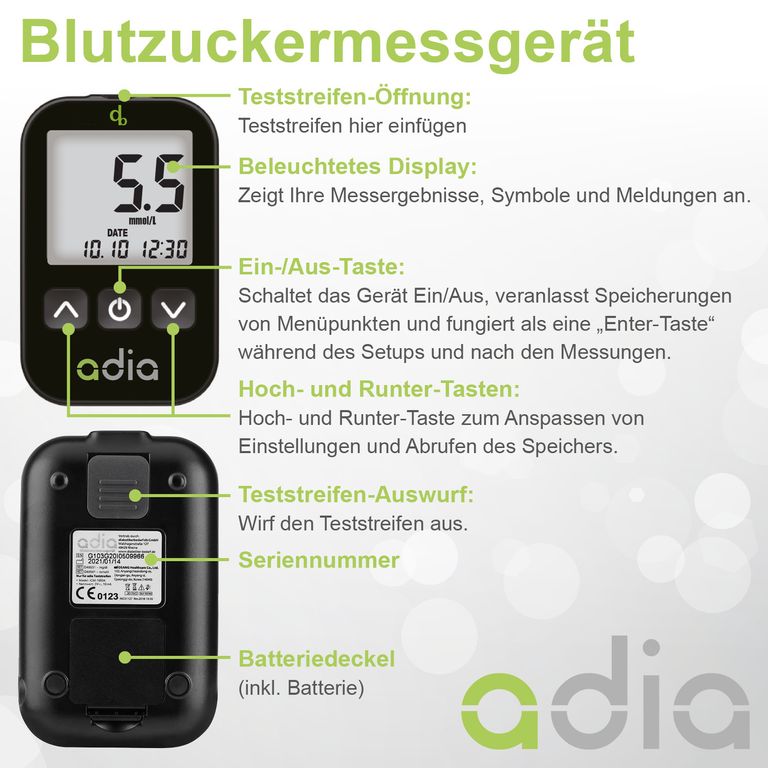 Shopapotheke Adia Set: Blutzuckermessgerät (mmol/L) + 110 Teststreifen