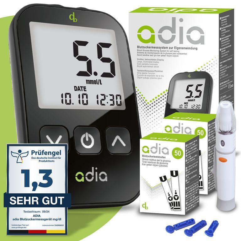 shopapotheke adia Set: Blutzuckermessgerät (mmol/L) + 110 Teststreifen