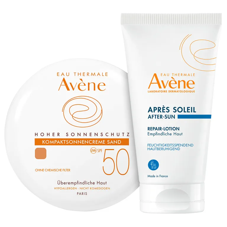 shopapotheke Avène Kompaktsonnencreme LSF 50 Sand + Avène After Sun Repairlotion 50ml GRATIS