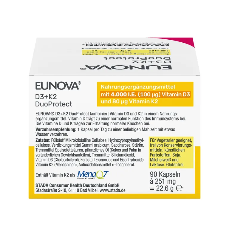 Shopapotheke EUNOVA® D3 + K2 DuoProtect – 4.000 I.E. Nahrungsergänzungsmittel Mit Zur Normalen Funktion Des Immunsystems & Erhaltung Normaler Knochen